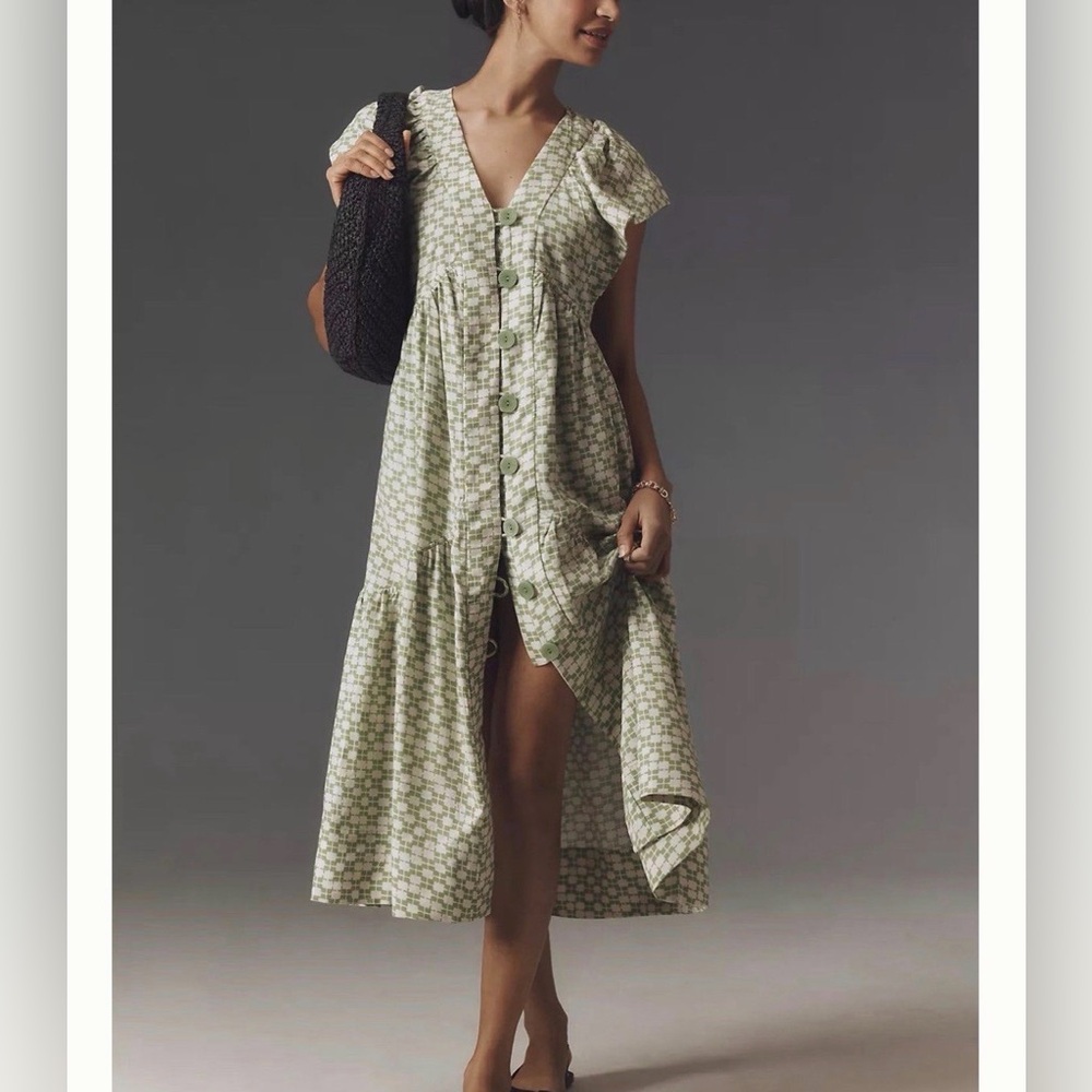 Anthropologie Green Floral Midi Dress
